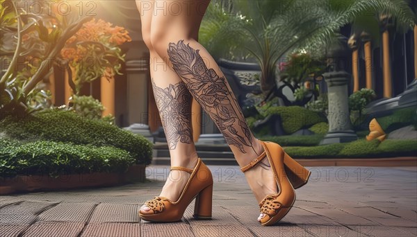 Woman shows leg tattoos, wears orange high heels and stands in an exotic, green environment, AI
