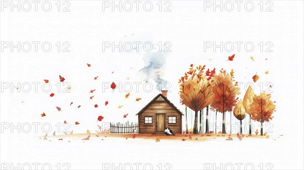 A small house surrounded by autumn trees with falling leaves and smoke from the chimney creating a