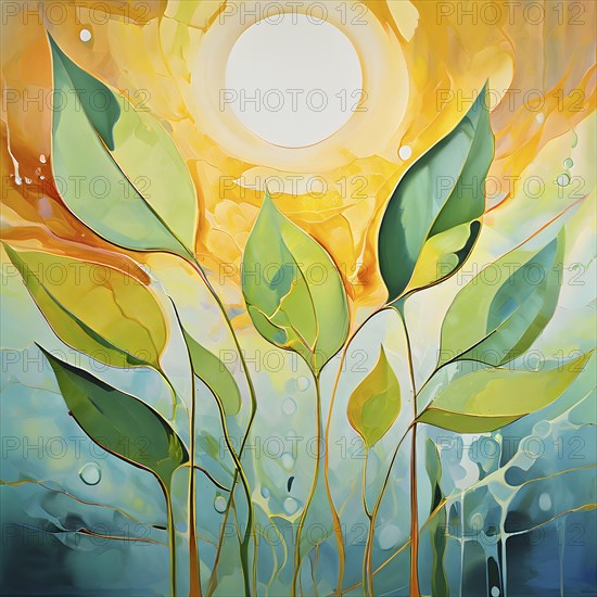 Abstract digital painting embodying sustainability with intertwining leaves glisten with water