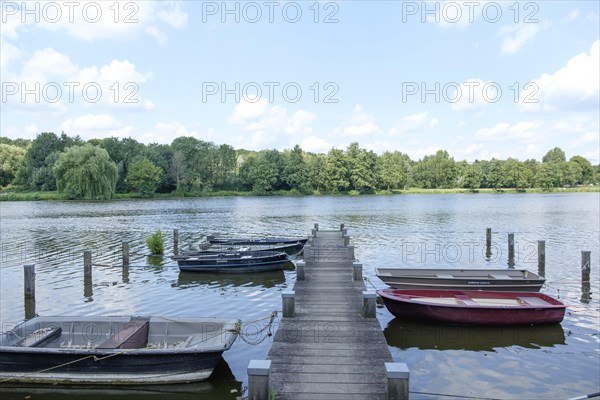 A wooden jetty leads onto a lake with boats, surrounded by trees and a cloudy sky, small lake with