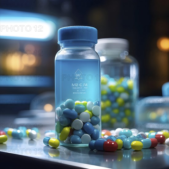 Glass bottle filled with assorted colored painkiller pills, AI generated