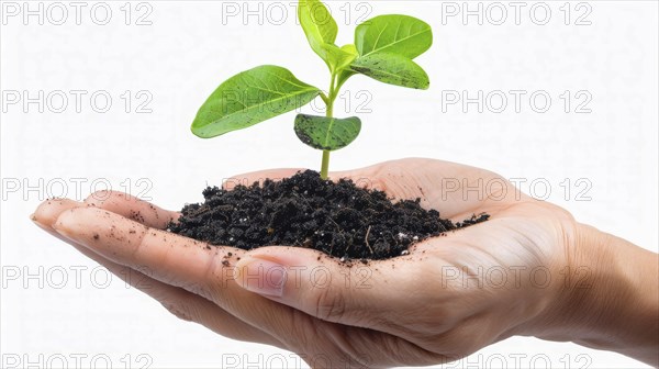 Hand holding a small green sprout in soil, representing new life