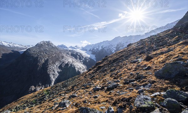 Mountain panorama, mountain peaks and glacier Gurgler Ferner, mountain landscape in autumn,