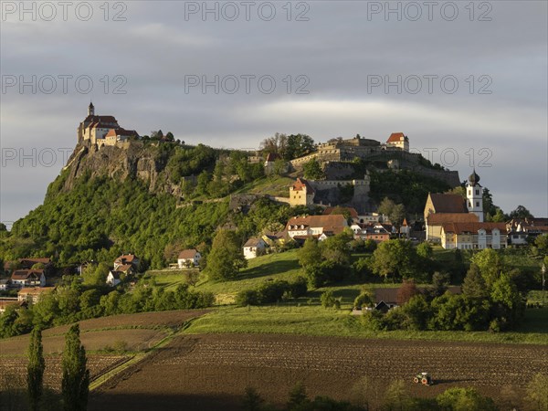 Farmland, Riegersburg Castle in the background, near Riegersburg, Styria, Austria, Europe