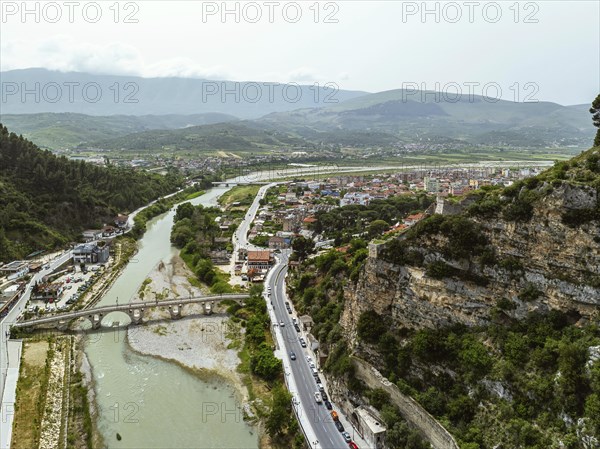 Berat from a drone, Osum River, Albania, Europe