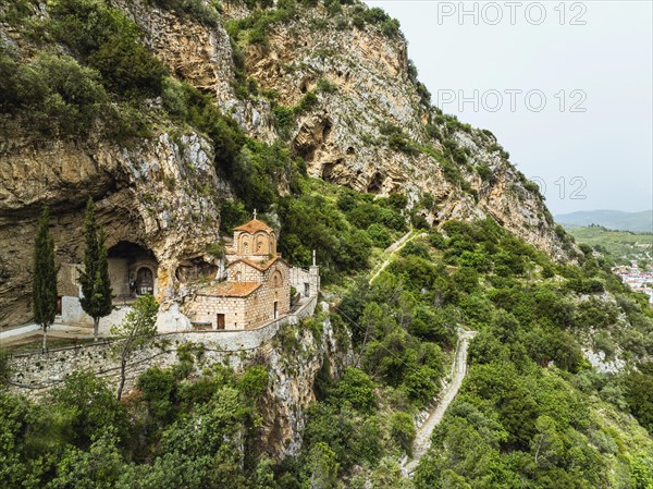 St . Michael's Church, Byzantine church in Berat from a drone, Osum River, Albania, Europe