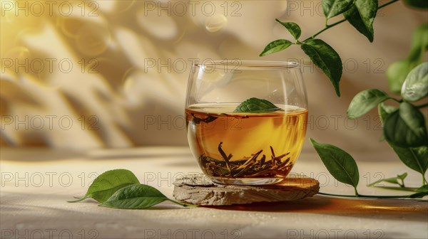 A glass cup of green tea with leaves on a wooden coaster, bathed in warm sunlight, AI generated