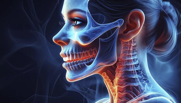 Profile view of a female head and neck in an X-ray image with visible bone structures, AI
