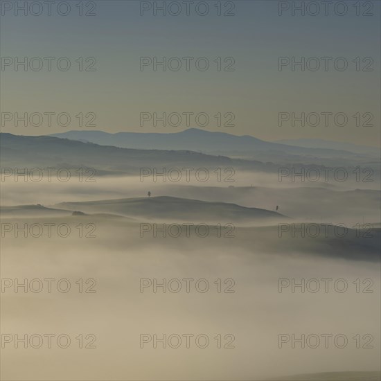 Landscape at sunrise around Volterra, Province of Pisa, Tuscany, Italy, Europe