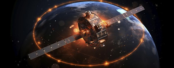 A satellite orbiting the Earth. Concept of satellite communication, internet access and technology,