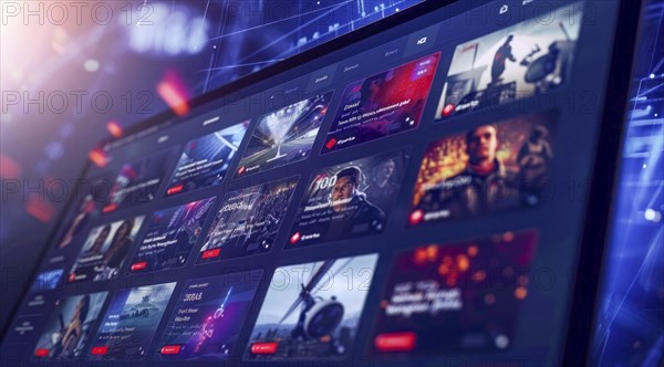 Digital streaming platform with movies and series on large TV screen, AI generated