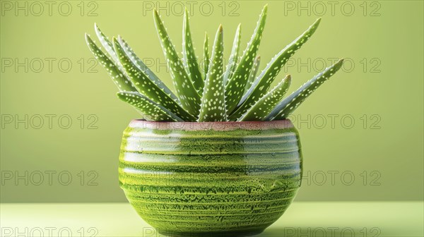 Aloe vera plant in a green pot with a light green background, creating a fresh and calming