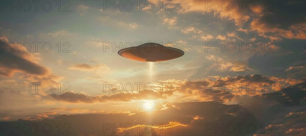 A large, glowing, alien shaped UFO saucer object is flying. UAP, Unexplained Aerial Phenomena, AI