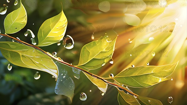 Abstract digital painting embodying sustainability with intertwining leaves glisten with water
