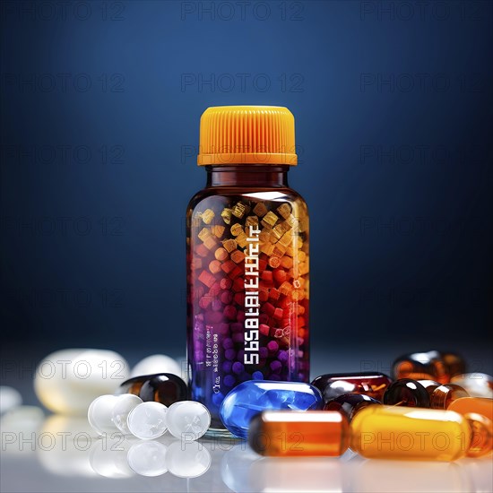 Glass bottle filled with assorted colored painkiller pills, AI generated