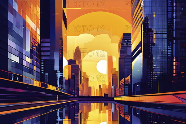 Urban cityscape collage featuring a mosaic of vibrant colors, AI generated