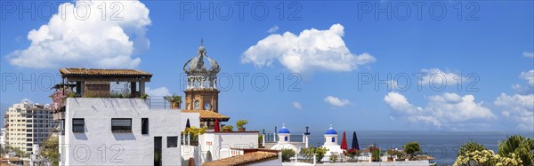 Mexico, panoramic view of Puerto Vallarta near sea promenade Malecon, beaches and historic center,