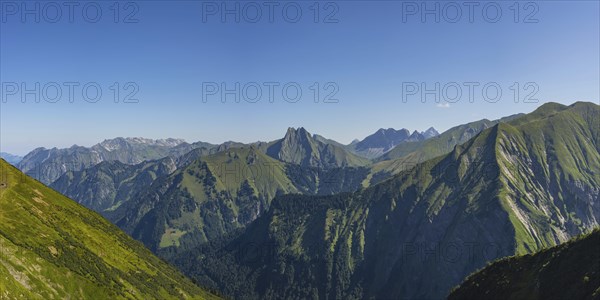Panorama from Wildengundkopf, 2238m to Hoefats 2259m, Allgaeu Alps, Allgaeu, Bavaria, Germany,
