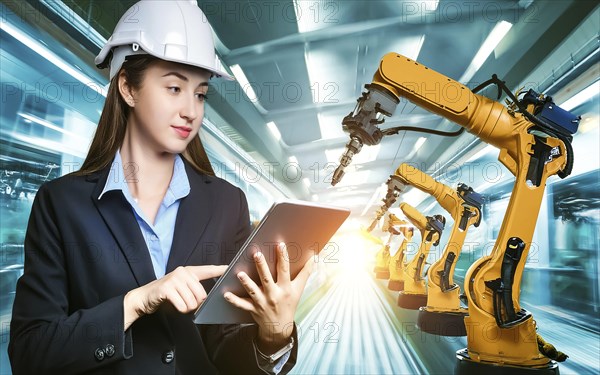 Industrial engineer with tablet control, automation of robotic arms, intelligent monitoring, AI