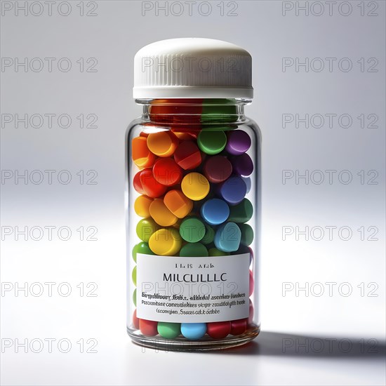 Glass bottle filled with assorted colored painkiller pills, AI generated