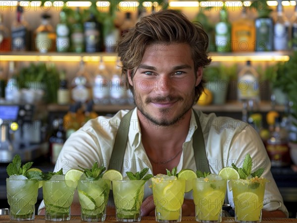 Bartender mixes cocktails in an elegant hotel, AI generated