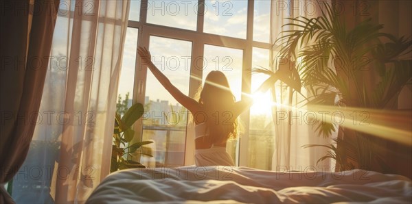 A woman is in bed, smiling and stretching her arms after waking up at sunrise early morning, AI