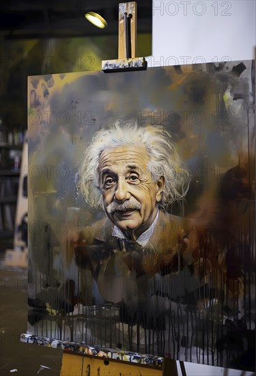 Oil-painted portrait of the physicist Albert Einstein, stands on a staggered floor, modern