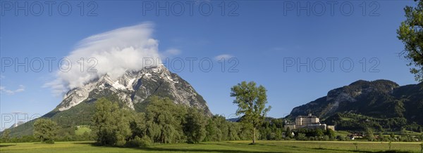 Grimming mountain range, Trautenfels Castle in the morning light, panoramic view, near Irdning,