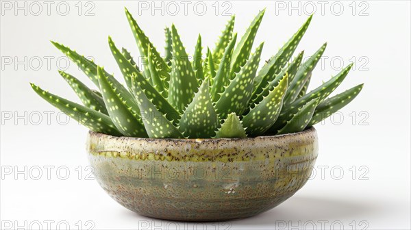Aloe vera plant in a rustic pot against a white background, giving a clean and natural look