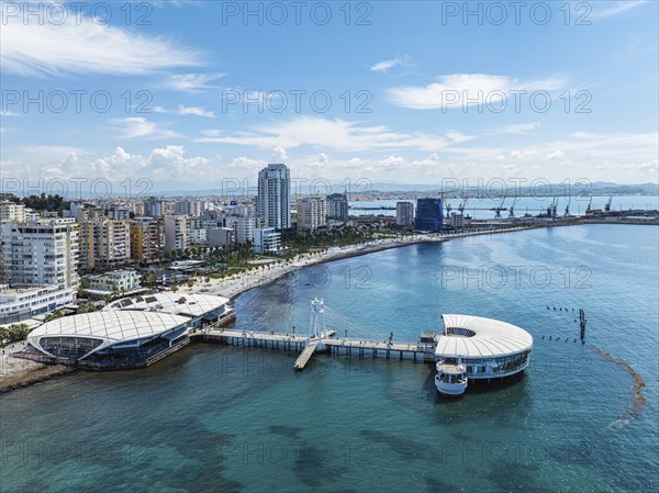 Pier and Promenade in Durres from a drone, Adriatic Sea, Albania, Europe