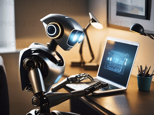 Android, robot writing on a laptop in the home office, symbolic image artificial intelligence