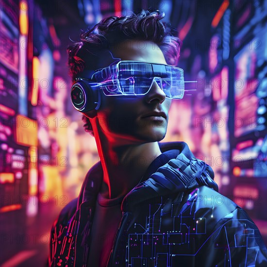 Portrait of a man with data goggles displaying intricate streams of digital information against