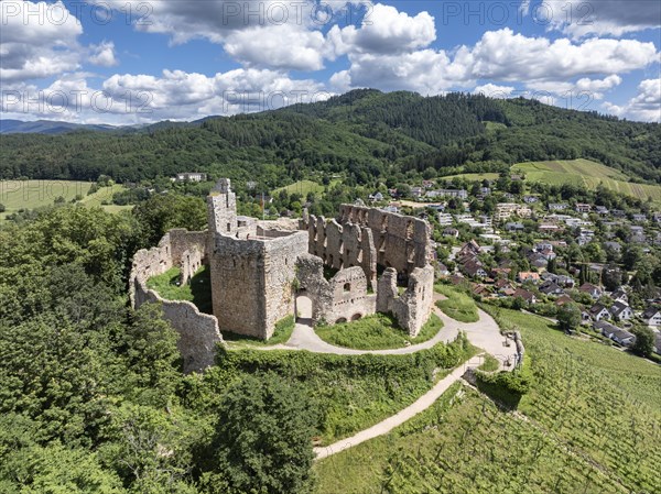 Aerial view of Staufen Castle, on a vineyard, Schlossberg, Staufen im Breisgau, Markgraeflerland,