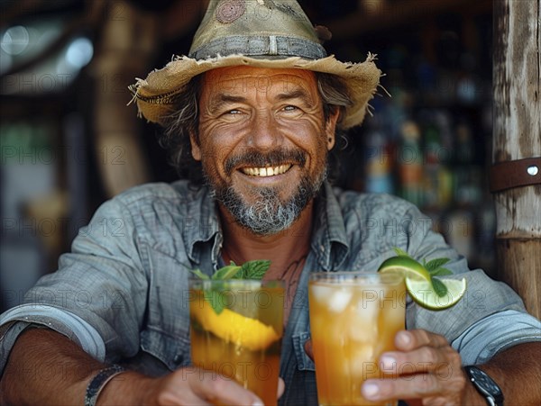 Bartender mixes cocktails in an elegant hotel, AI generated