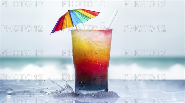A glass of drink with a straw and a red umbrella on top, placed on a table by the ocean, AI