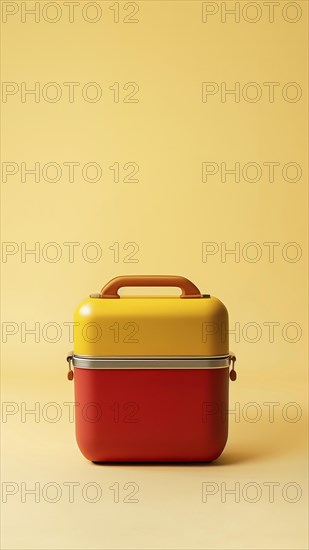 A red and yellow portable cooler over yellow background. Vertical shot, AI generated
