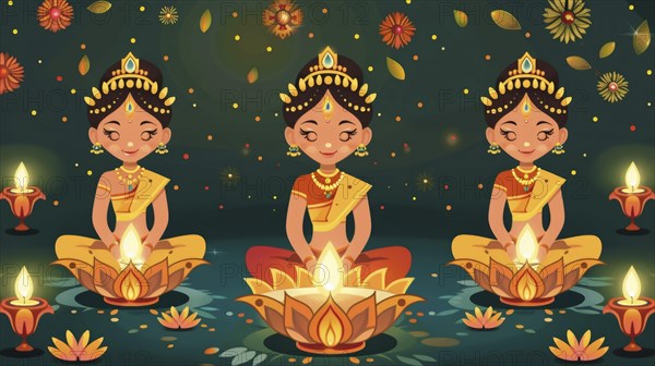 Three women in traditional attire with oil lamps in a festive, flower-filled nighttime setting, AI