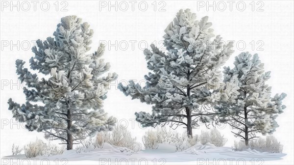 Snow-covered pine trees in a calm winter landscape, evoking a peaceful and cold mood in watercolor