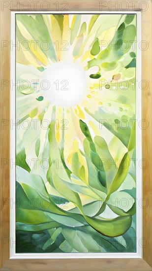 Abstract digital painting embodying sustainability with intertwining leaves glisten with water