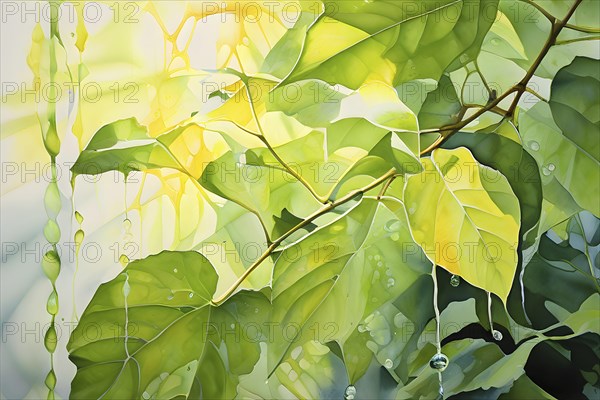 Abstract digital painting embodying sustainability with intertwining leaves glisten with water