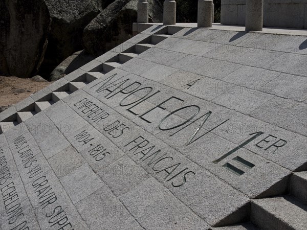Close-up of a memorial stone with engraved Napoleon lettering and stone pattern, Corsica, Ajaccio,