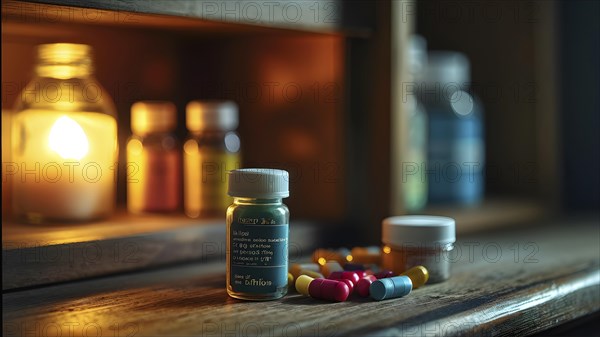 Glass bottle filled with assorted colored painkiller pills, AI generated