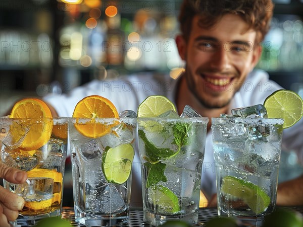 Bartender mixes cocktails in an elegant hotel, AI generated