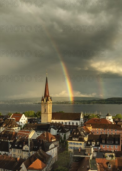 Aerial view of the town of Radolfzell on Lake Constance with the Radolfzell Minster in front of