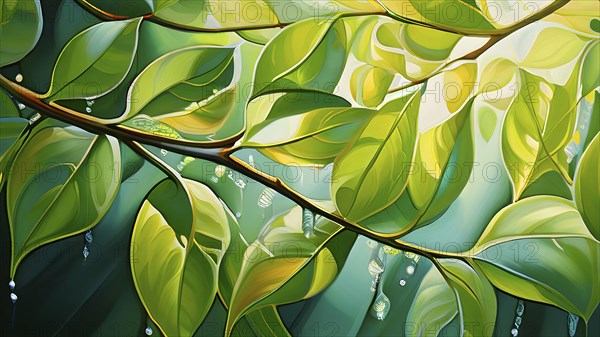 Abstract digital painting embodying sustainability with intertwining leaves glisten with water