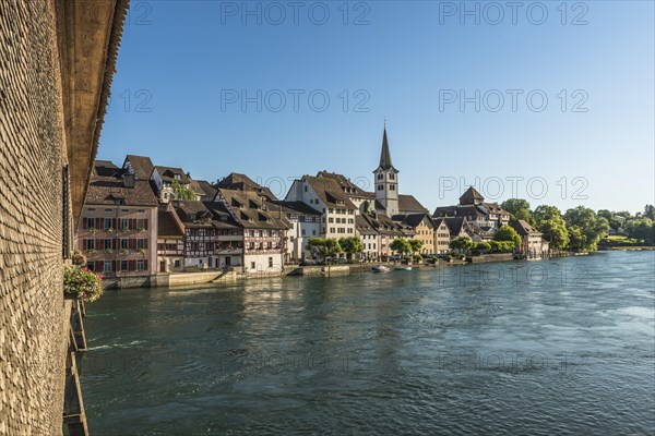 View from the historic wooden bridge over the Rhine to the old town centre of Diessenhofen, Canton