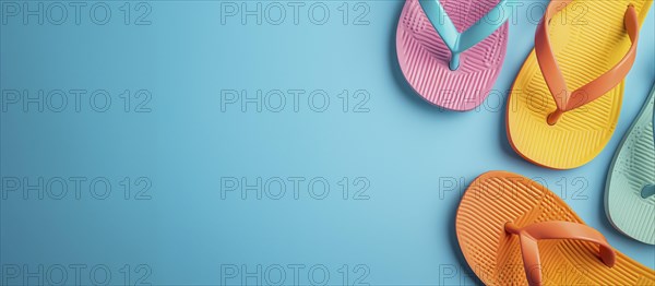 Multi-colored beach flip flops over bue background with copy-space. Summer concept, IA generated,