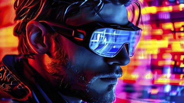 Portrait of a man with data goggles displaying intricate streams of digital information against
