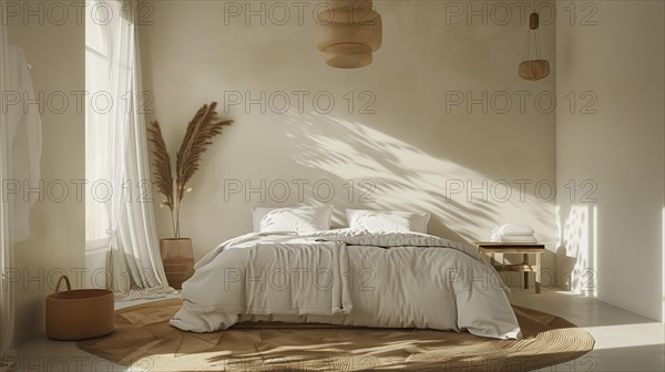 Modern bedroom interior with double bed and decor, AI generated