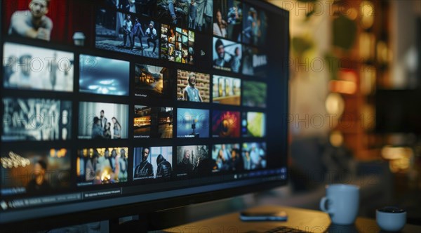 Digital streaming platform with movies and series on large TV screen, AI generated